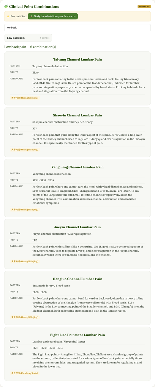 Pro clinical point combinations library showing classical prescriptions per condition